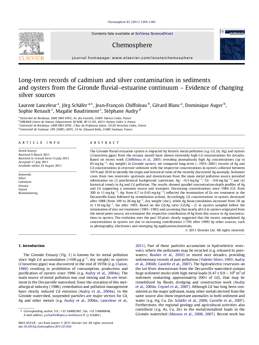 Long-term records of cadmium and silver contamination in sediments and oysters from the Gironde fluvial–estuarine continuum – Evidence of changing silver sources