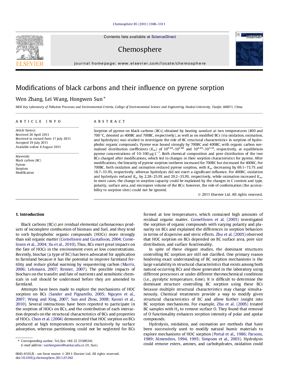 Modifications of black carbons and their influence on pyrene sorption