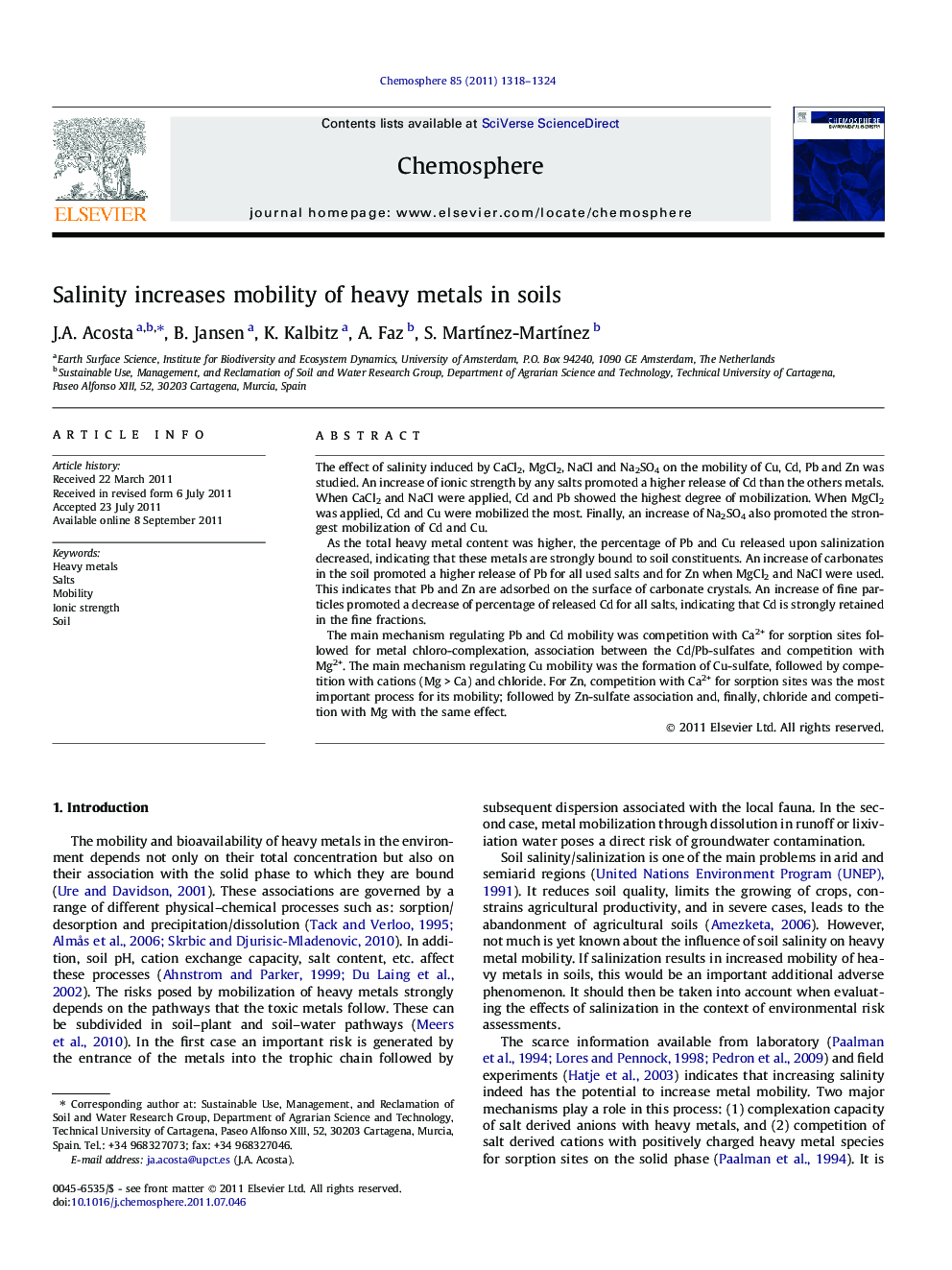 Salinity increases mobility of heavy metals in soils