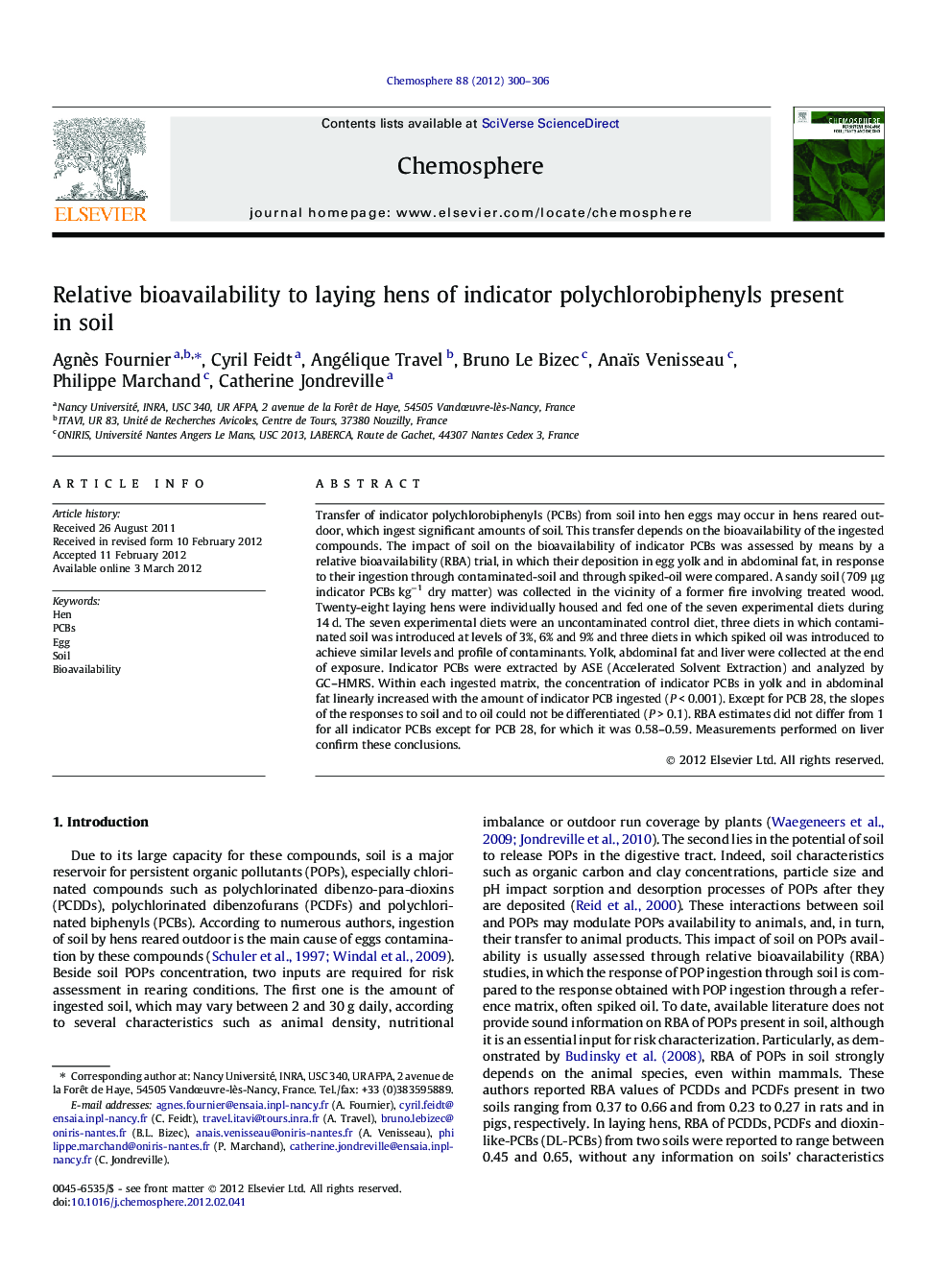 Relative bioavailability to laying hens of indicator polychlorobiphenyls present in soil