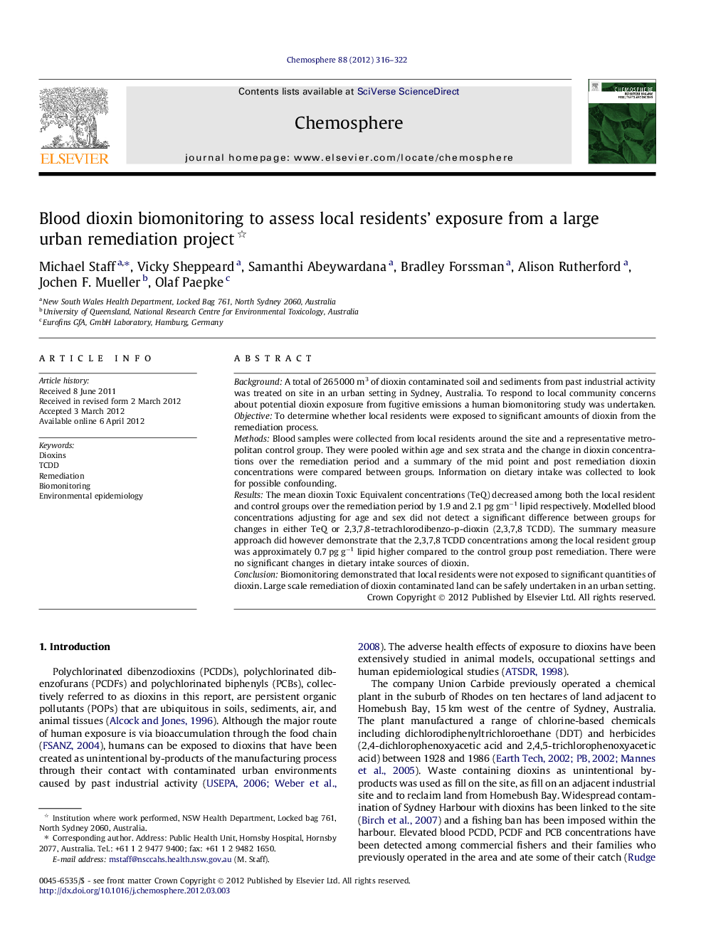 Blood dioxin biomonitoring to assess local residents’ exposure from a large urban remediation project 