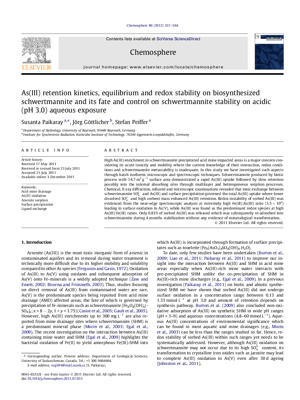 As(III) retention kinetics, equilibrium and redox stability on biosynthesized schwertmannite and its fate and control on schwertmannite stability on acidic (pH 3.0) aqueous exposure