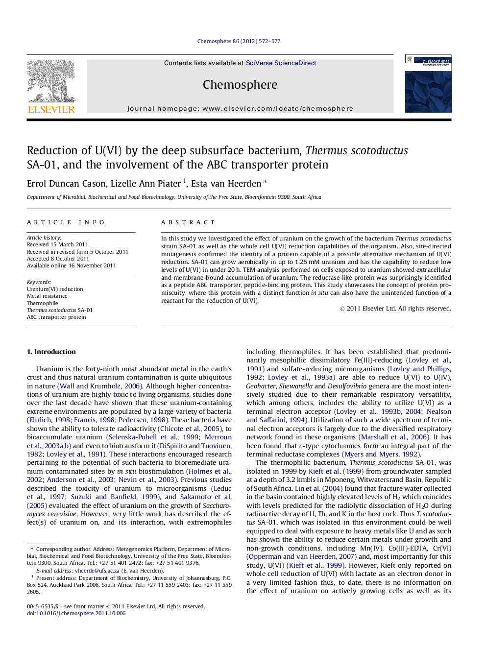 Reduction of U(VI) by the deep subsurface bacterium, Thermus scotoductus SA-01, and the involvement of the ABC transporter protein