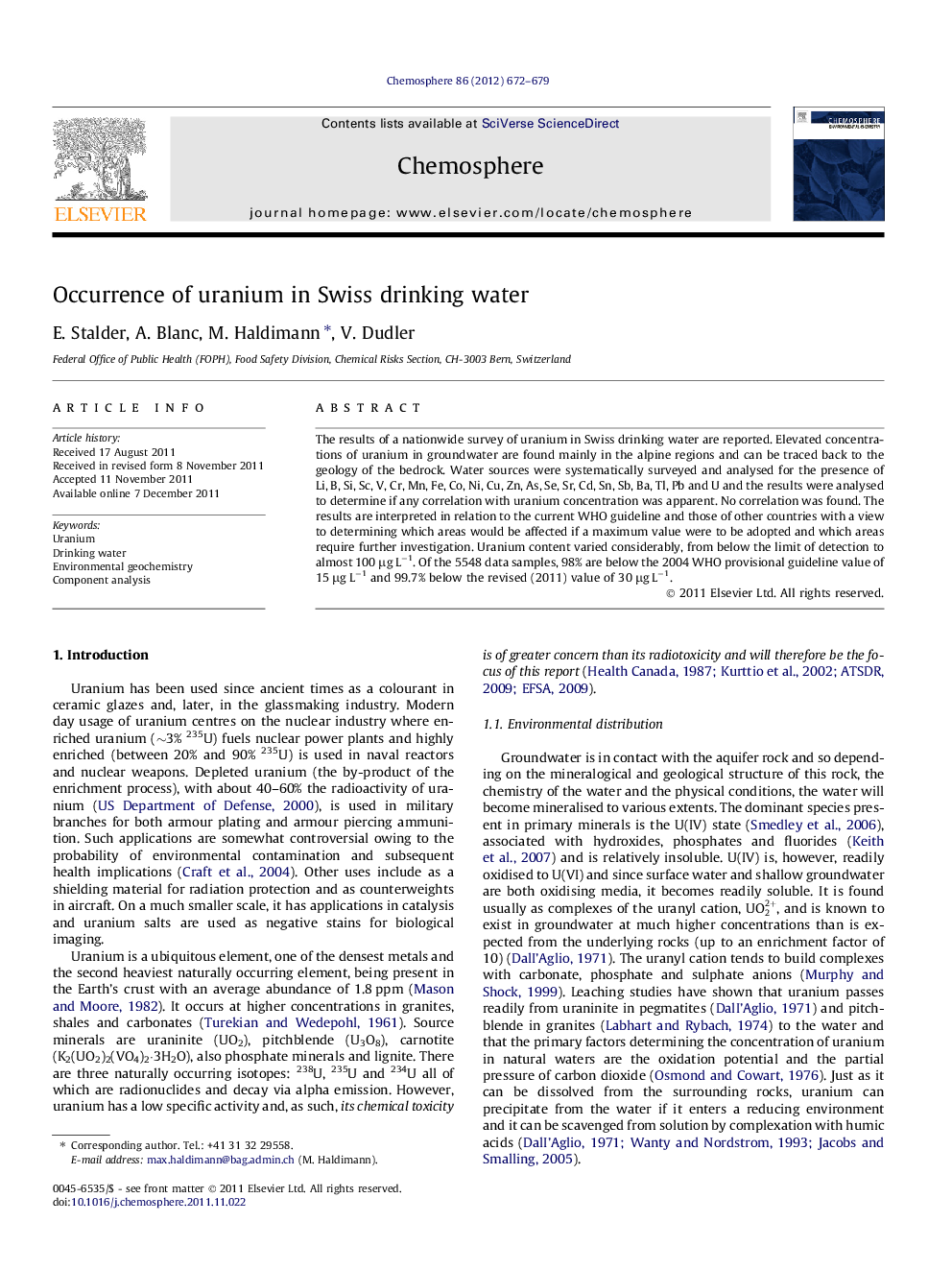 Occurrence of uranium in Swiss drinking water