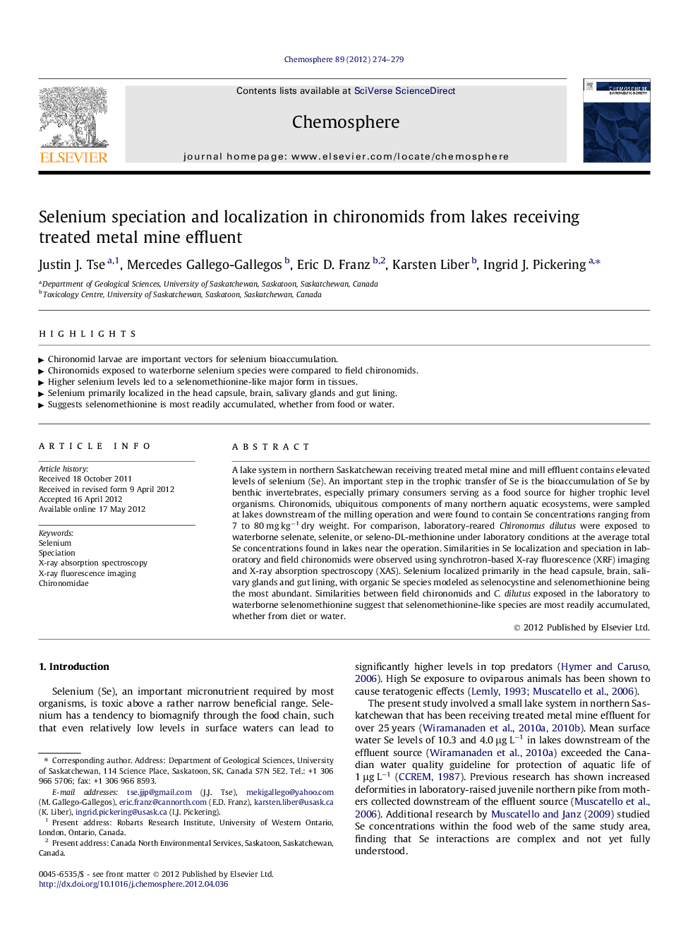 Selenium speciation and localization in chironomids from lakes receiving treated metal mine effluent