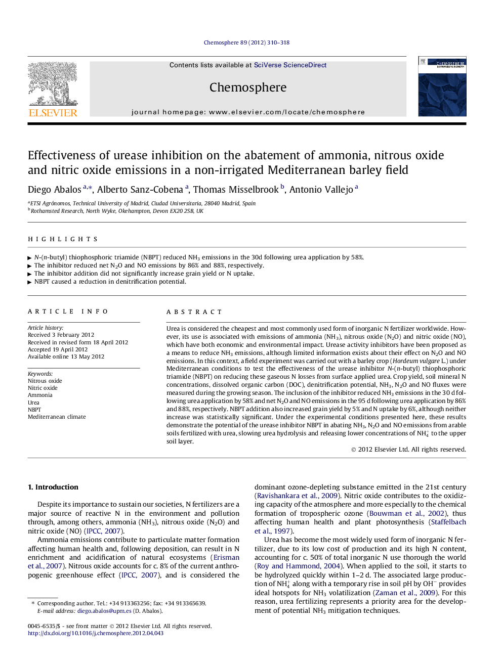 Effectiveness of urease inhibition on the abatement of ammonia, nitrous oxide and nitric oxide emissions in a non-irrigated Mediterranean barley field