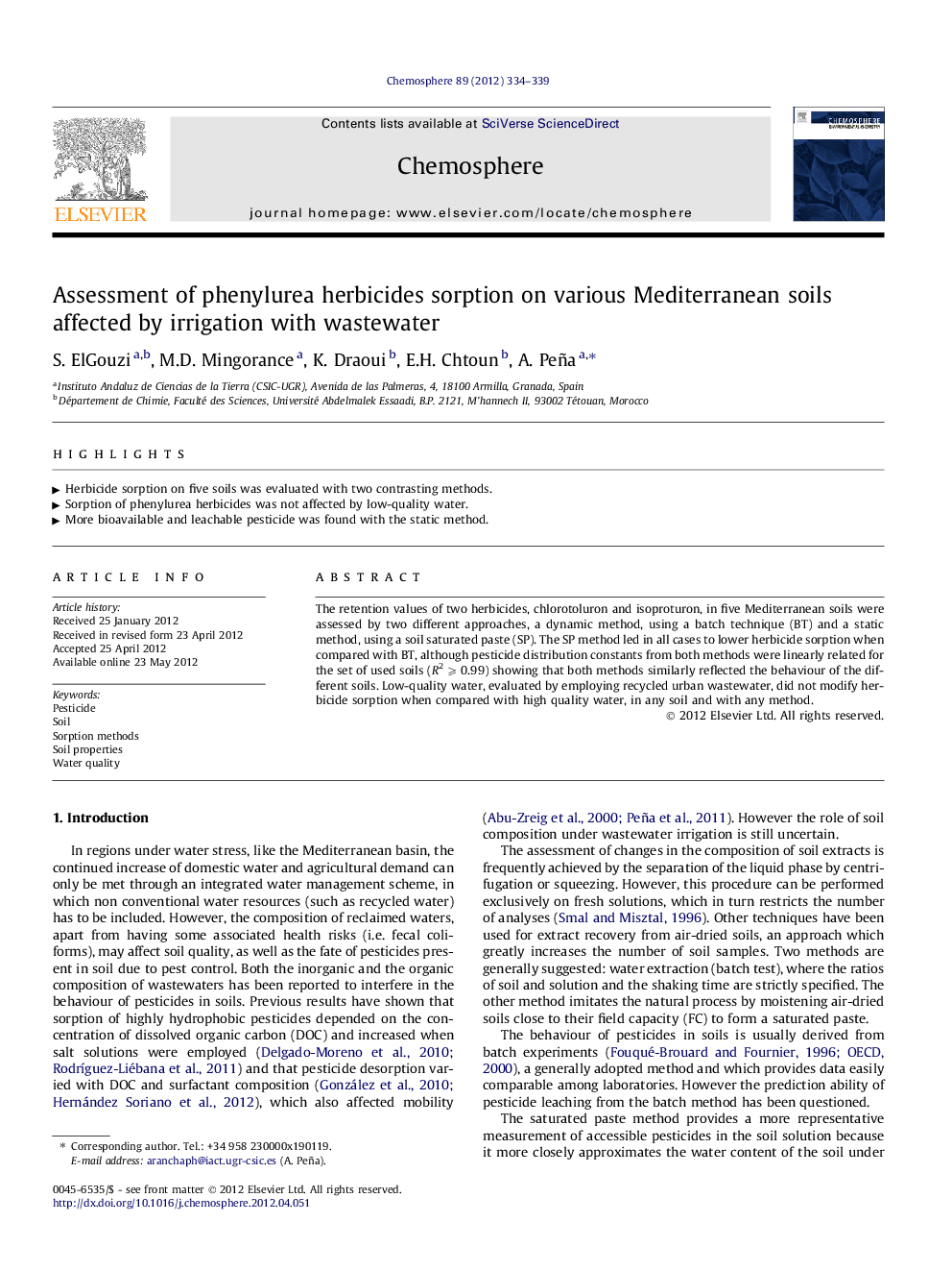 Assessment of phenylurea herbicides sorption on various Mediterranean soils affected by irrigation with wastewater