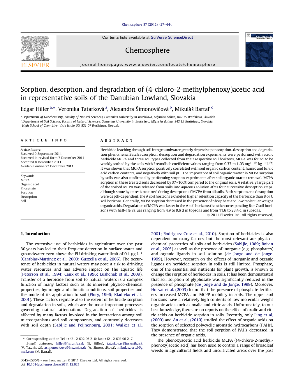 Sorption, desorption, and degradation of (4-chloro-2-methylphenoxy)acetic acid in representative soils of the Danubian Lowland, Slovakia