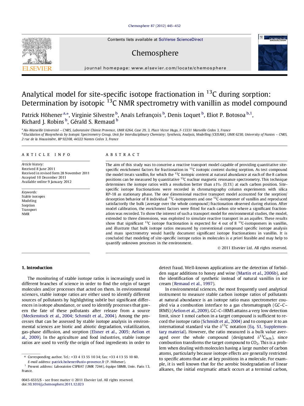 Analytical model for site-specific isotope fractionation in 13C during sorption: Determination by isotopic 13C NMR spectrometry with vanillin as model compound