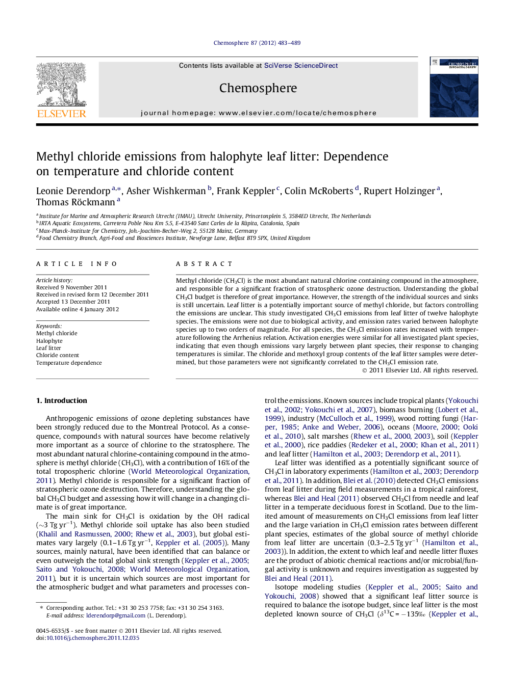 Methyl chloride emissions from halophyte leaf litter: Dependence on temperature and chloride content