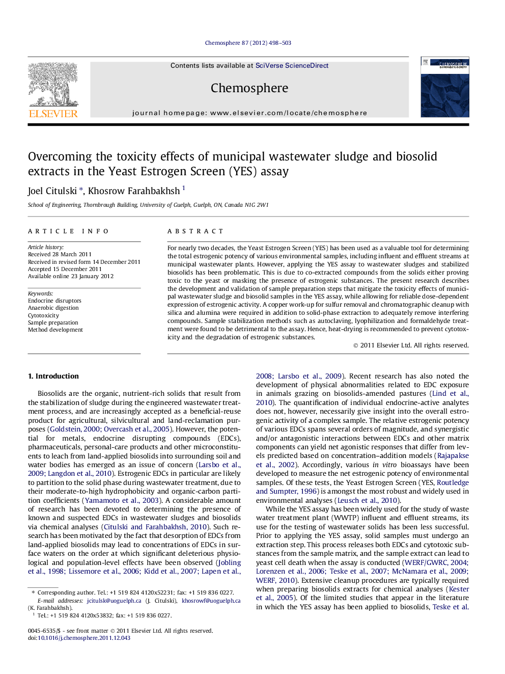 Overcoming the toxicity effects of municipal wastewater sludge and biosolid extracts in the Yeast Estrogen Screen (YES) assay