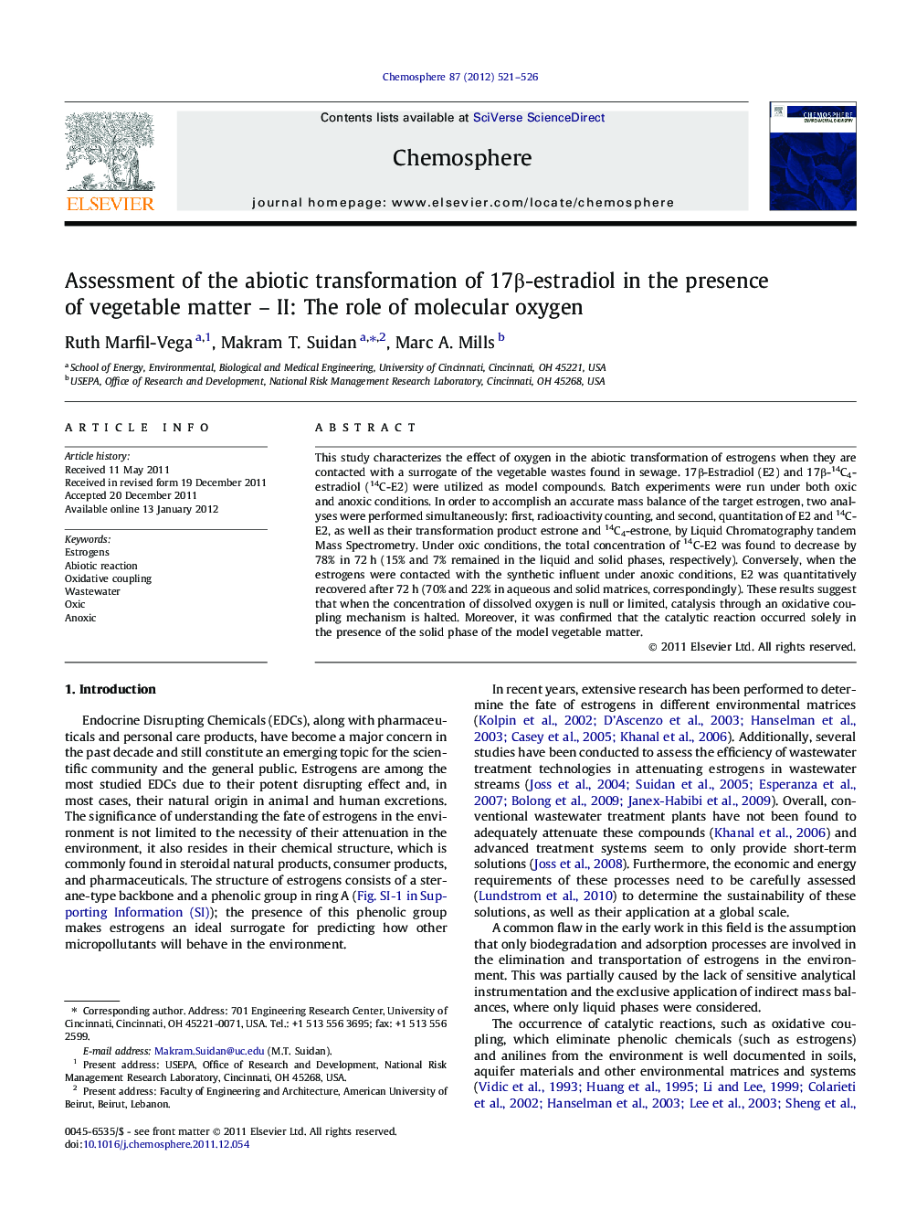 Assessment of the abiotic transformation of 17β-estradiol in the presence of vegetable matter – II: The role of molecular oxygen