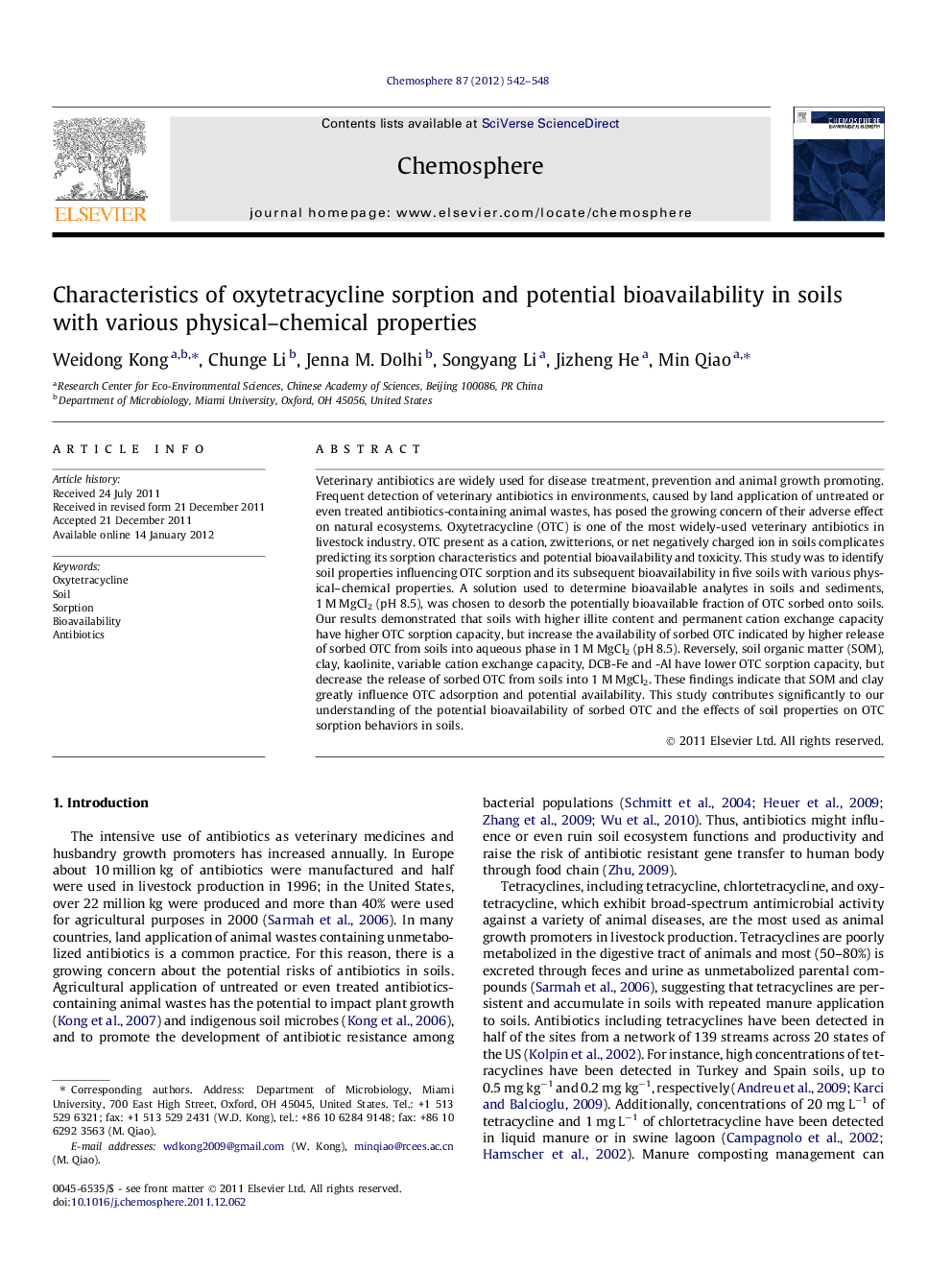 Characteristics of oxytetracycline sorption and potential bioavailability in soils with various physical–chemical properties