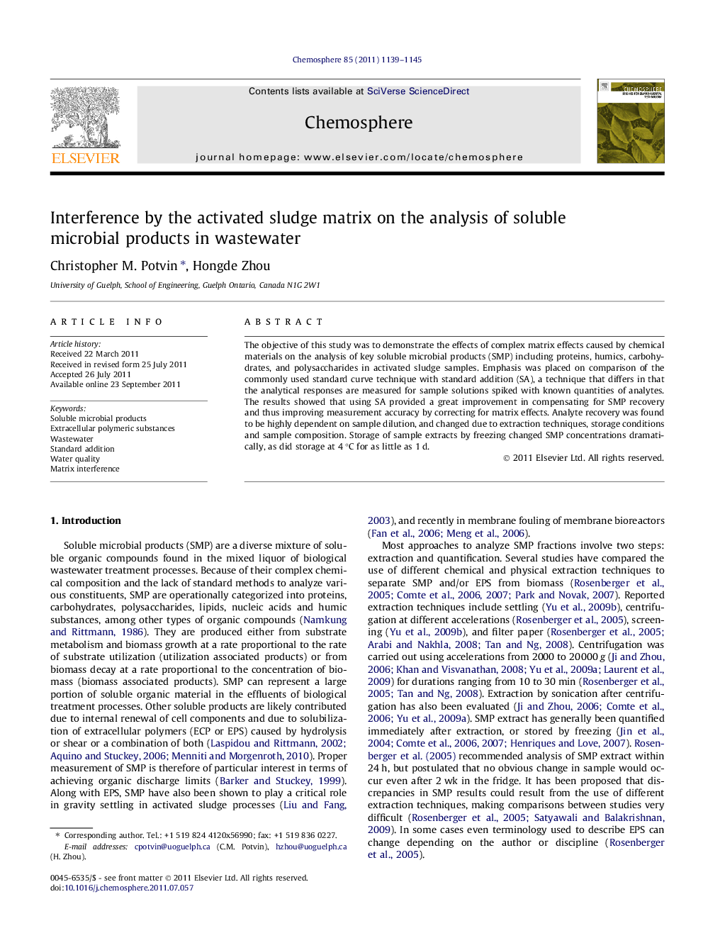 Interference by the activated sludge matrix on the analysis of soluble microbial products in wastewater