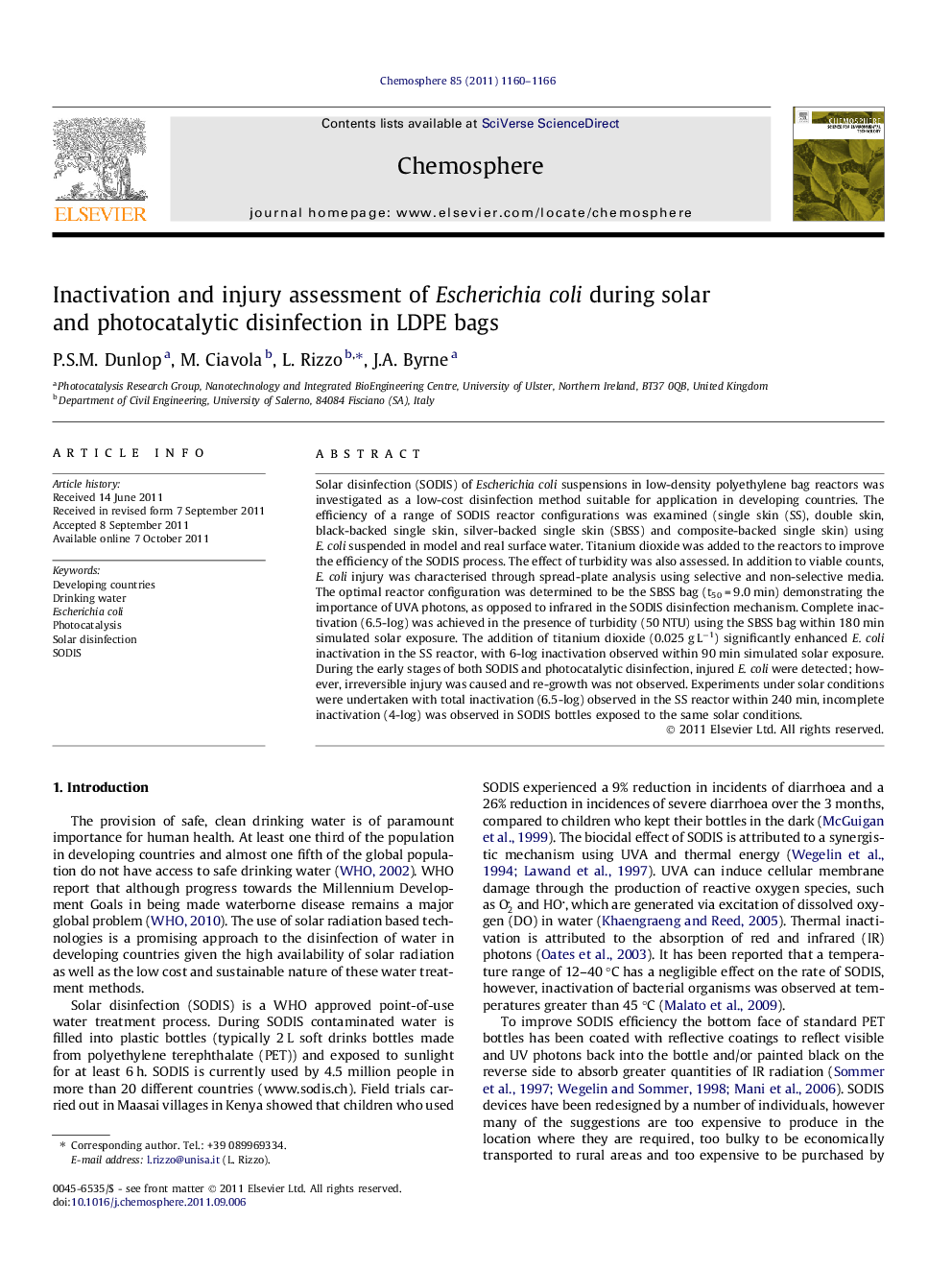 Inactivation and injury assessment of Escherichia coli during solar and photocatalytic disinfection in LDPE bags