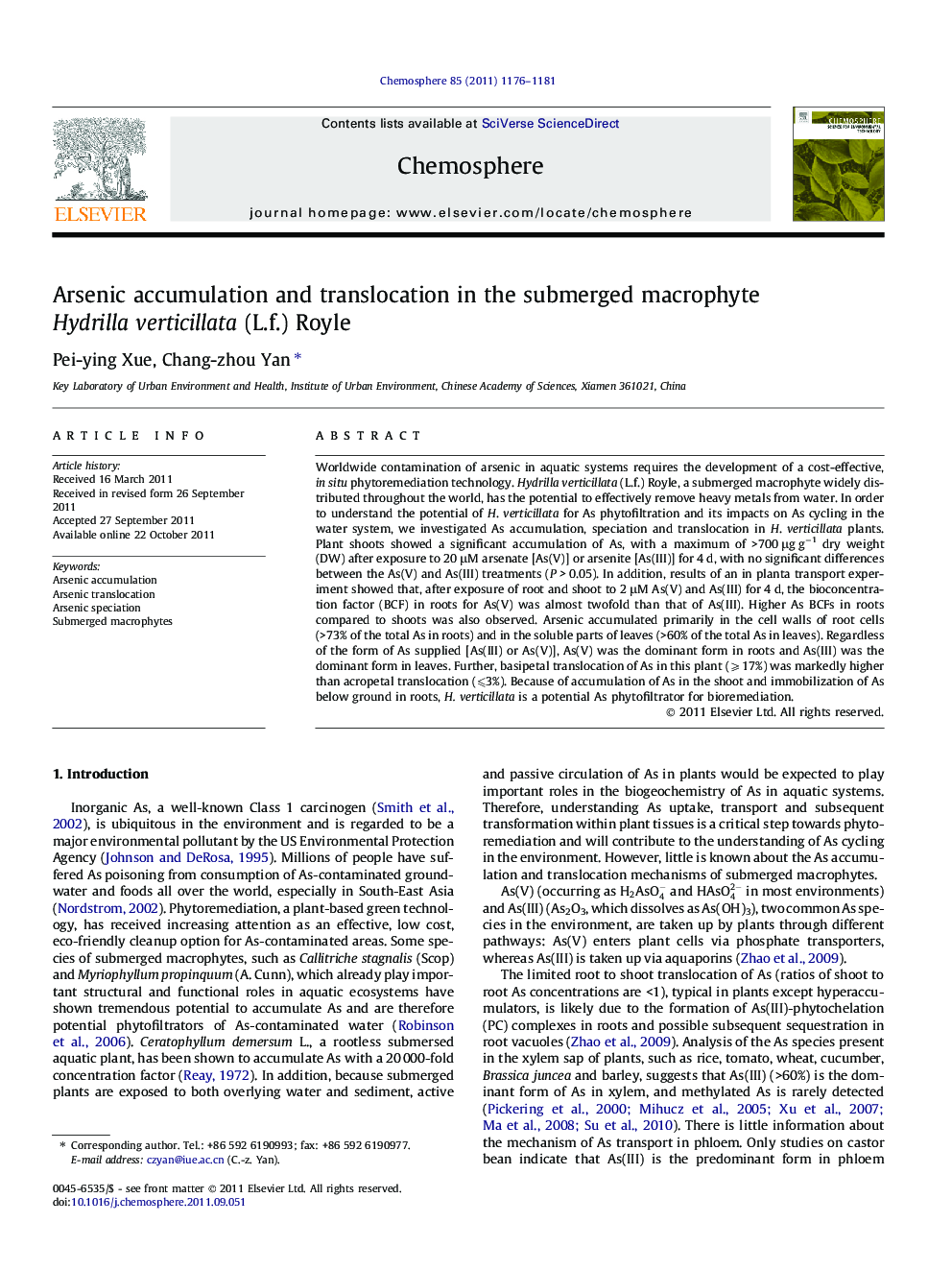 Arsenic accumulation and translocation in the submerged macrophyte Hydrilla verticillata (L.f.) Royle