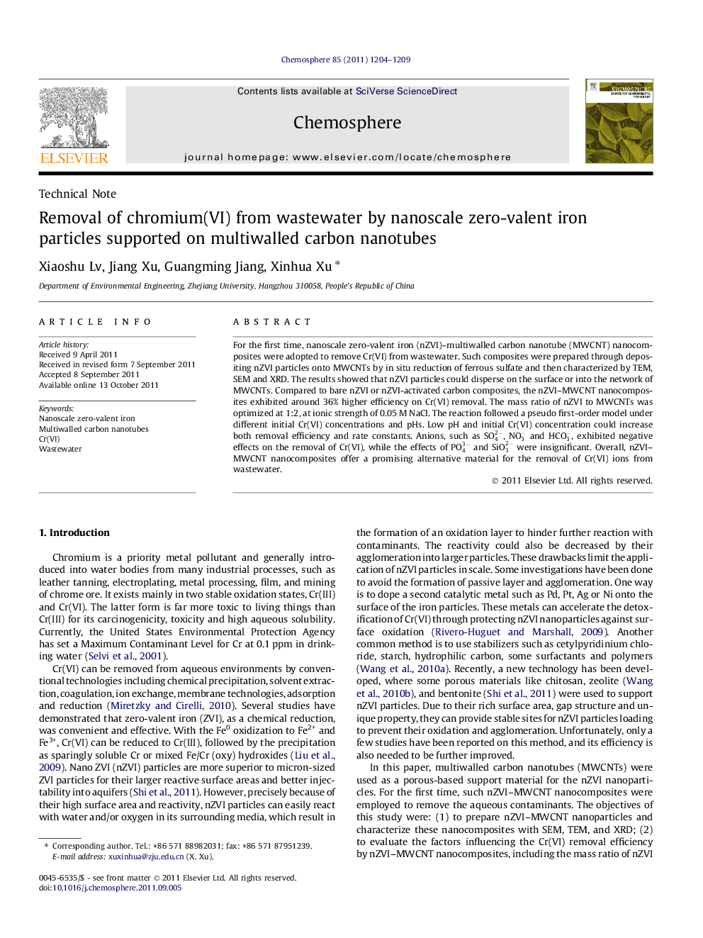 عکس صفحه اول مقاله: Removal of chromium(VI) from wastewater by nanoscale zero-valent iron particles supported on multiwalled carbon nanotubes Removal of chromium(VI) from wastewater by nanoscale zero-valent iron particles supported on multiwalled carbon nanotubes