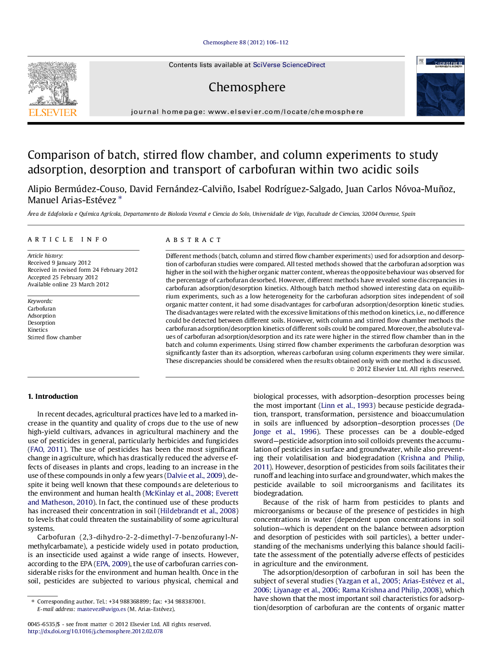 Comparison of batch, stirred flow chamber, and column experiments to study adsorption, desorption and transport of carbofuran within two acidic soils