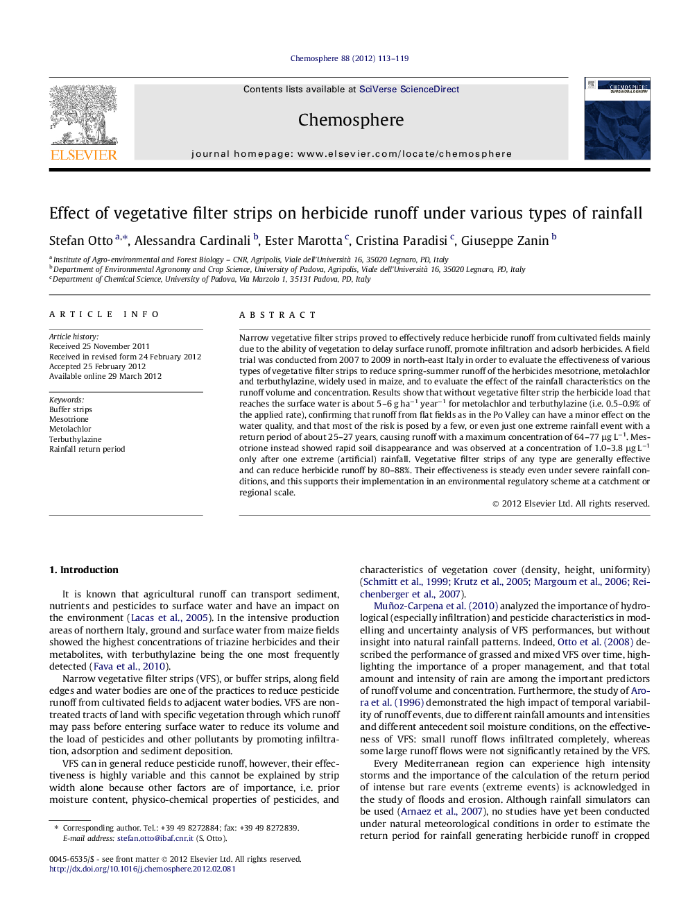 Effect of vegetative filter strips on herbicide runoff under various types of rainfall