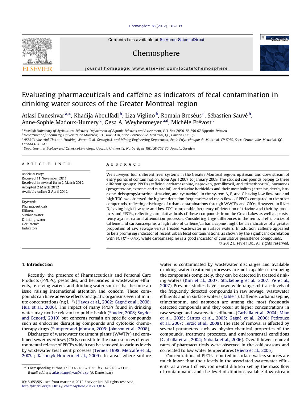 Evaluating pharmaceuticals and caffeine as indicators of fecal contamination in drinking water sources of the Greater Montreal region