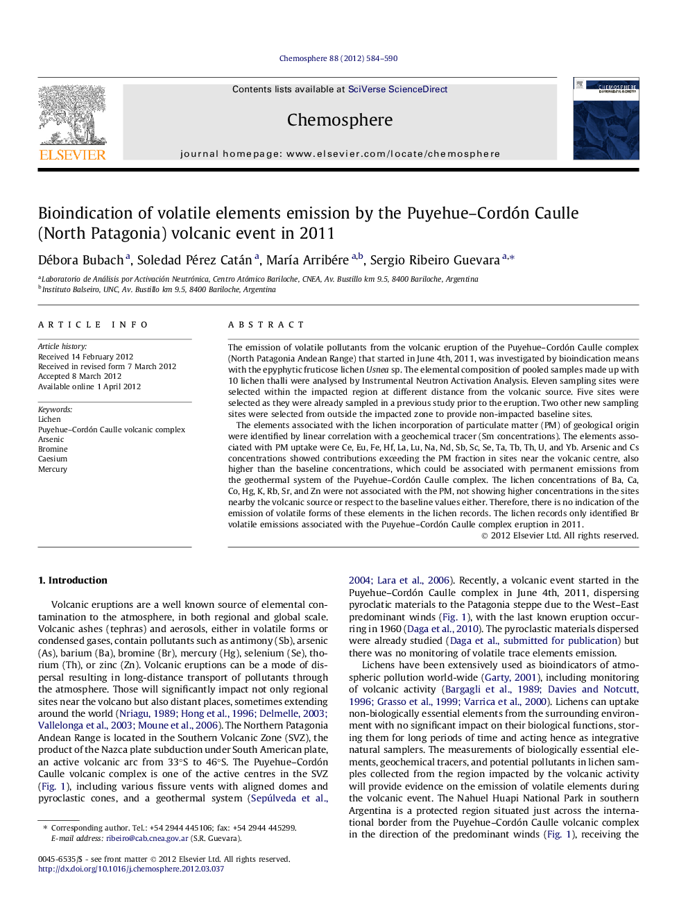 Bioindication of volatile elements emission by the Puyehue–Cordón Caulle (North Patagonia) volcanic event in 2011