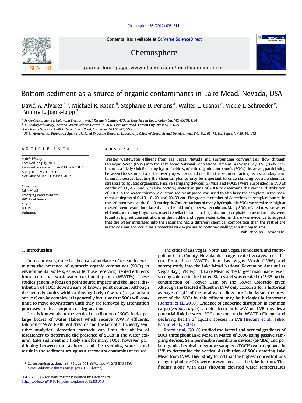 Bottom sediment as a source of organic contaminants in Lake Mead, Nevada, USA