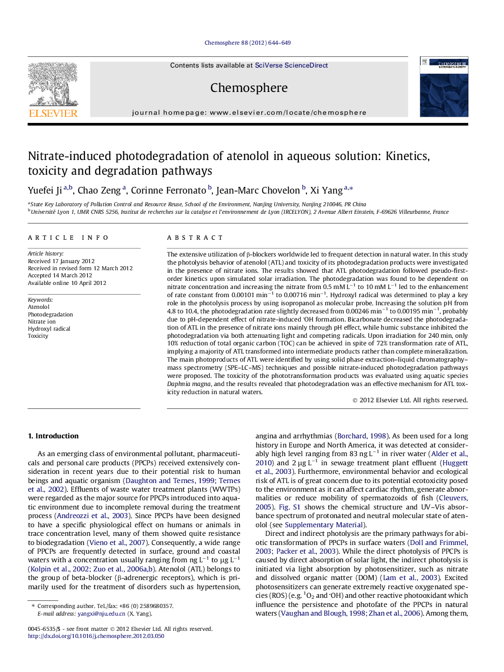 Nitrate-induced photodegradation of atenolol in aqueous solution: Kinetics, toxicity and degradation pathways