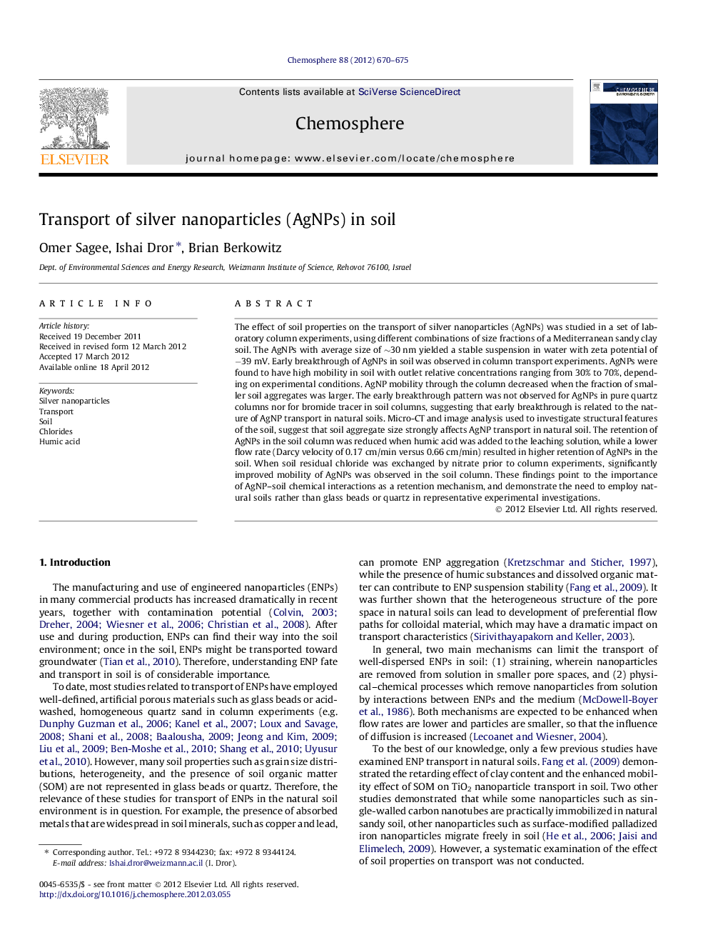 Transport of silver nanoparticles (AgNPs) in soil