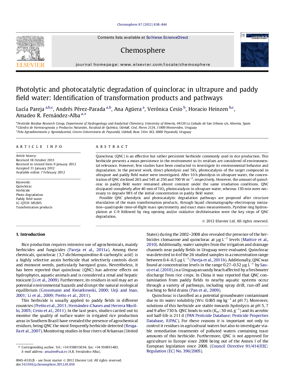 Photolytic and photocatalytic degradation of quinclorac in ultrapure and paddy field water: Identification of transformation products and pathways