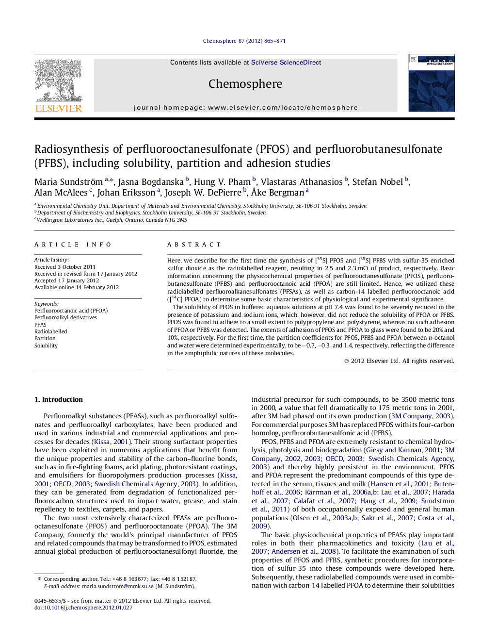 Radiosynthesis of perfluorooctanesulfonate (PFOS) and perfluorobutanesulfonate (PFBS), including solubility, partition and adhesion studies