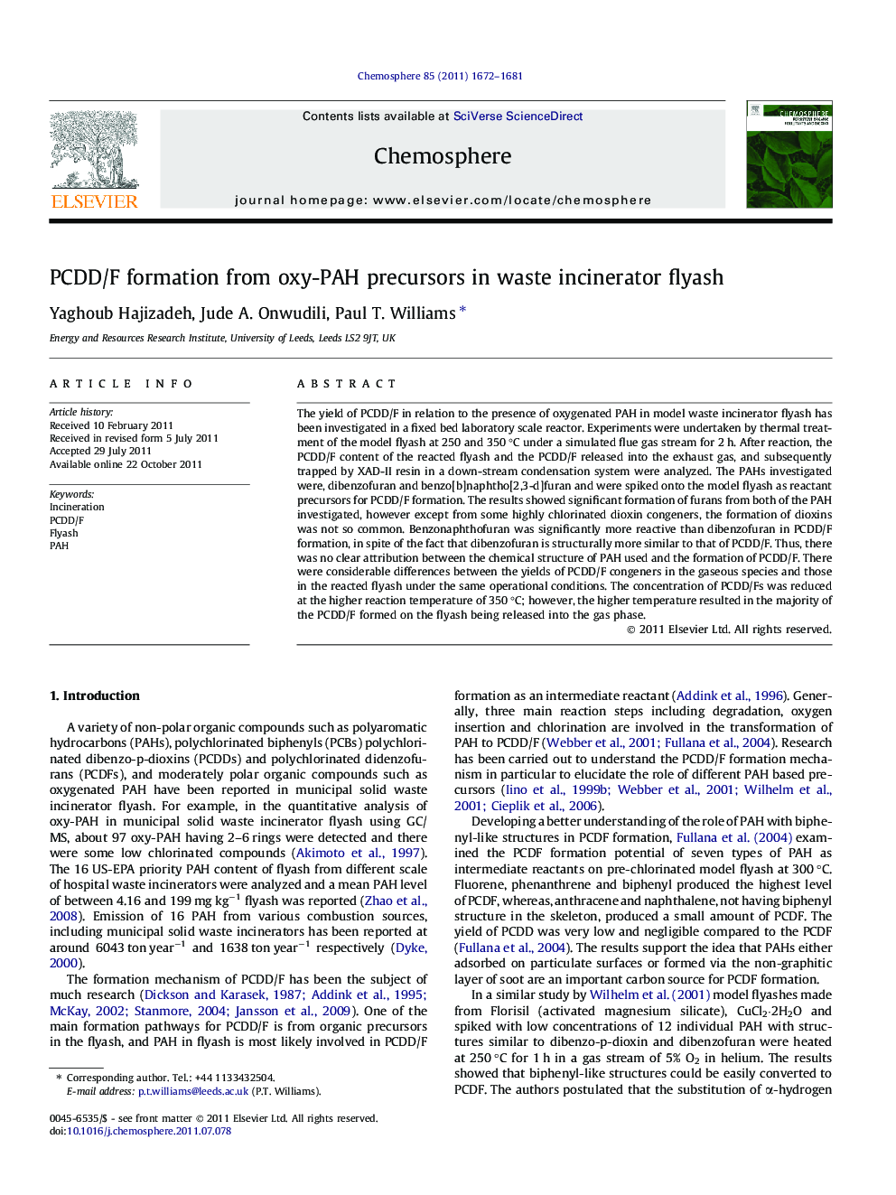 PCDD/F formation from oxy-PAH precursors in waste incinerator flyash