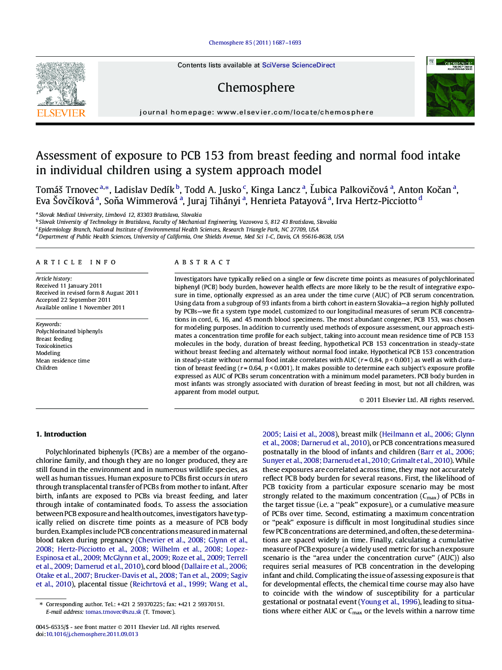 Assessment of exposure to PCB 153 from breast feeding and normal food intake in individual children using a system approach model