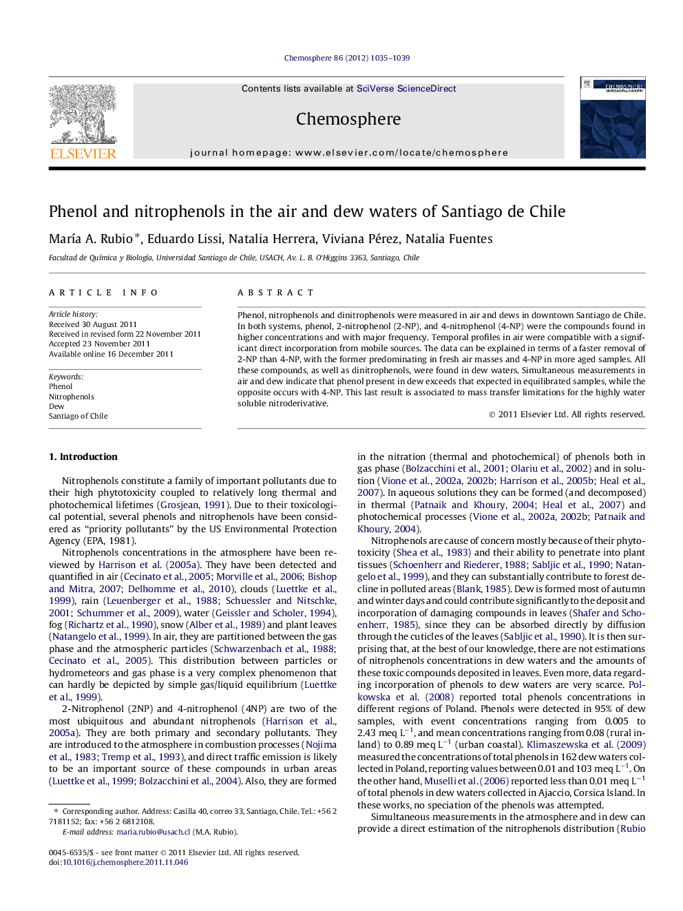 Phenol and nitrophenols in the air and dew waters of Santiago de Chile