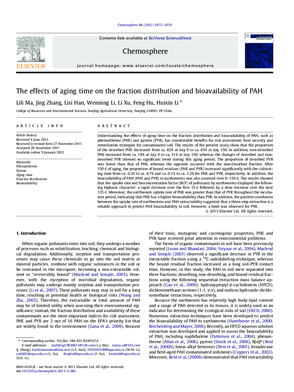 The effects of aging time on the fraction distribution and bioavailability of PAH