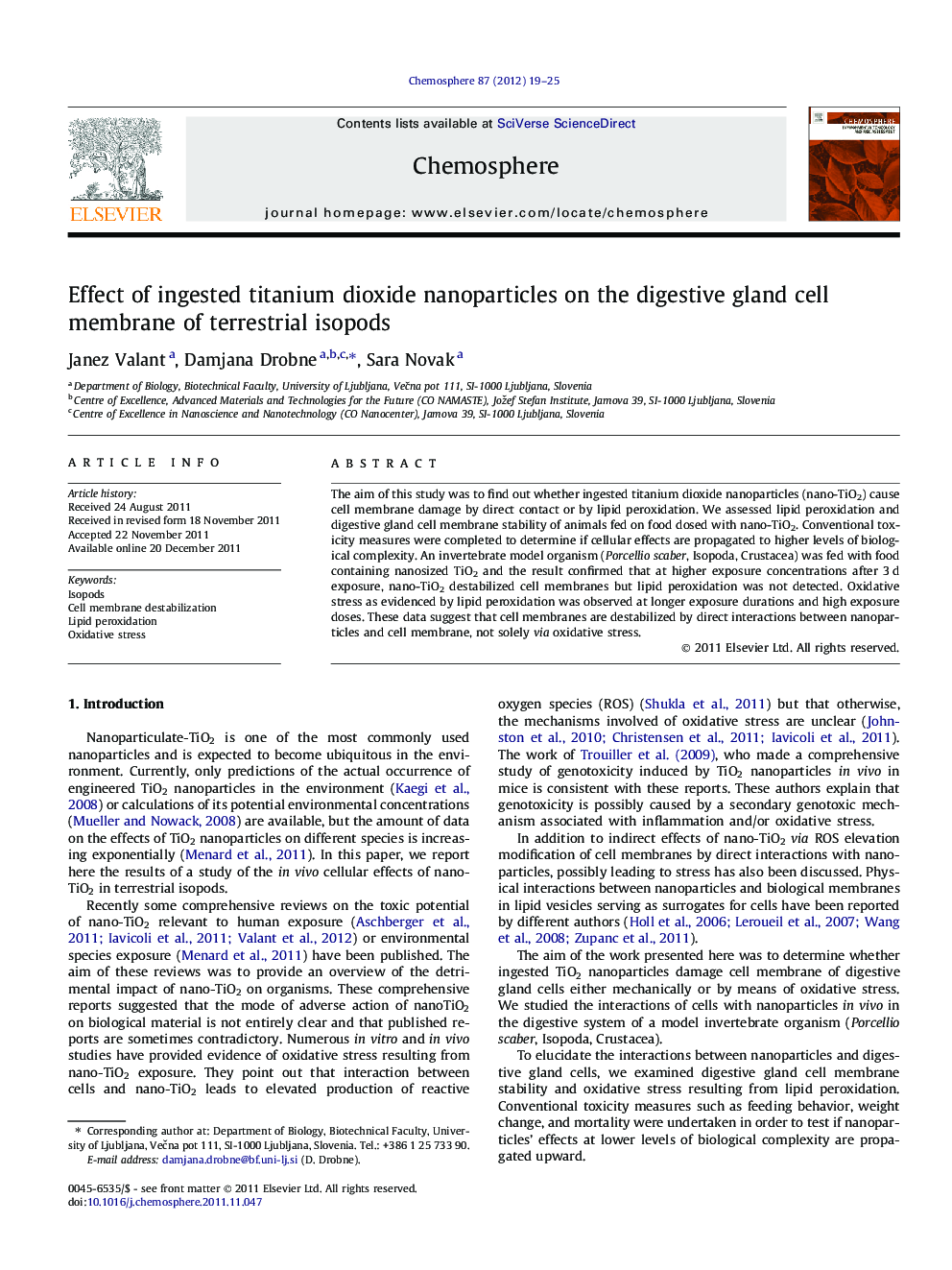 عکس صفحه اول مقاله: Effect of ingested titanium dioxide nanoparticles on the digestive gland cell membrane of terrestrial isopods Effect of ingested titanium dioxide nanoparticles on the digestive gland cell membrane of terrestrial isopods