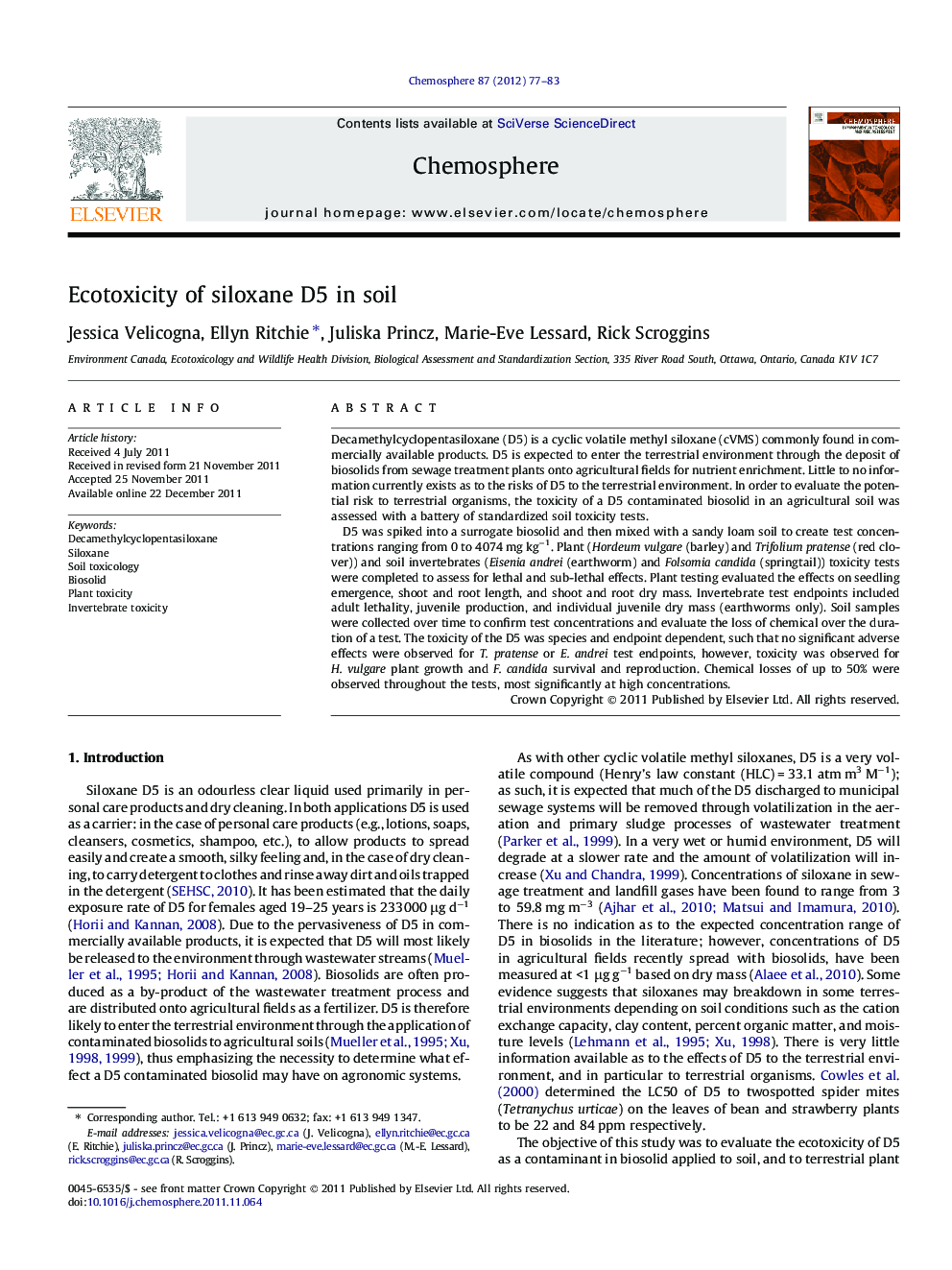 عکس صفحه اول مقاله: Ecotoxicity of siloxane D5 in soil Ecotoxicity of siloxane D5 in soil