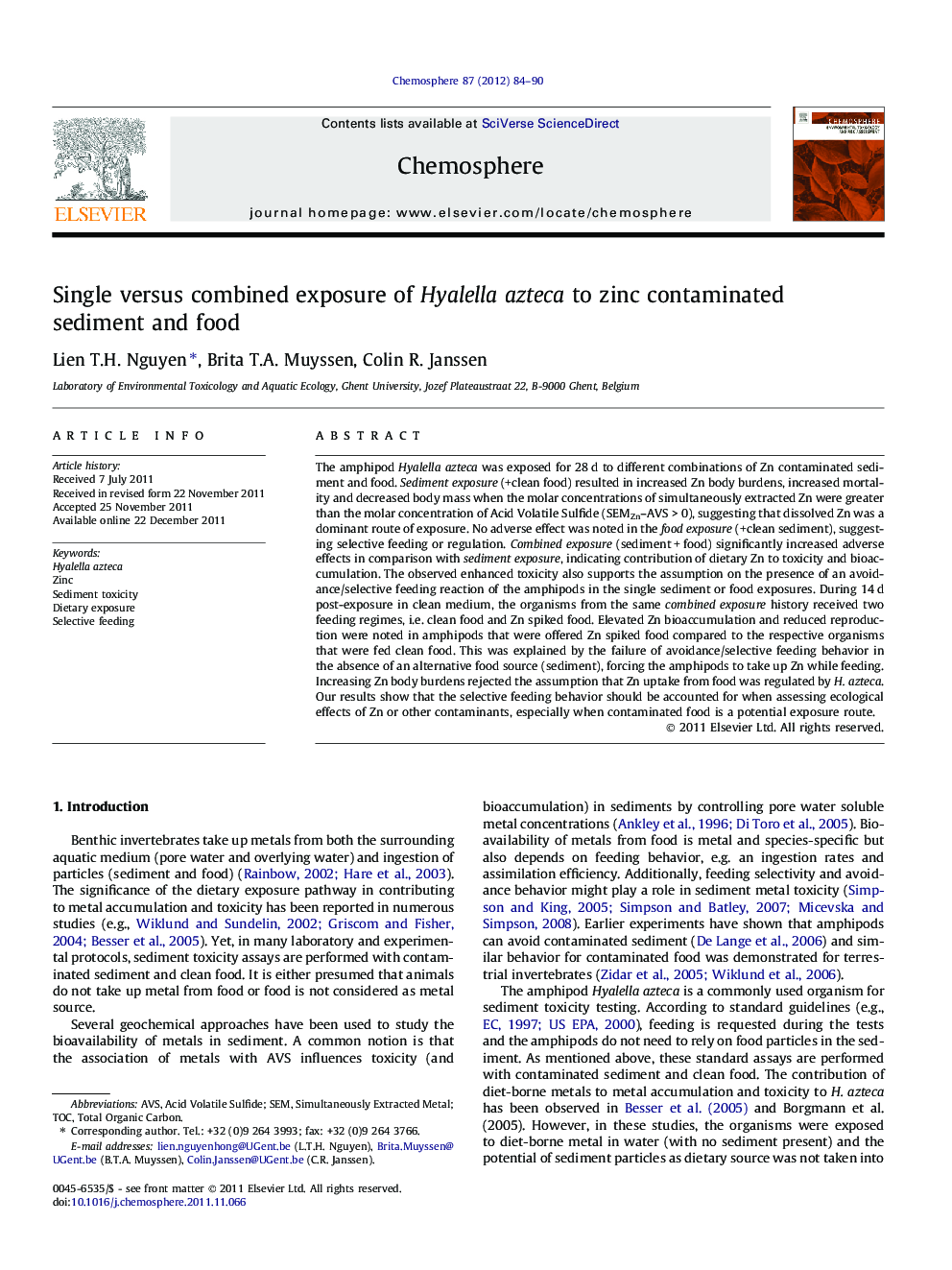 Single versus combined exposure of Hyalella azteca to zinc contaminated sediment and food