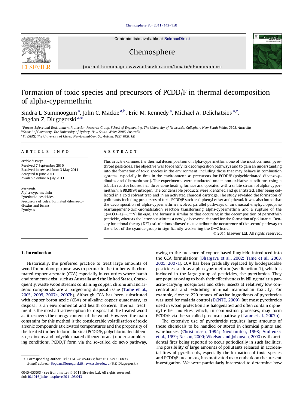 Formation of toxic species and precursors of PCDD/F in thermal decomposition of alpha-cypermethrin