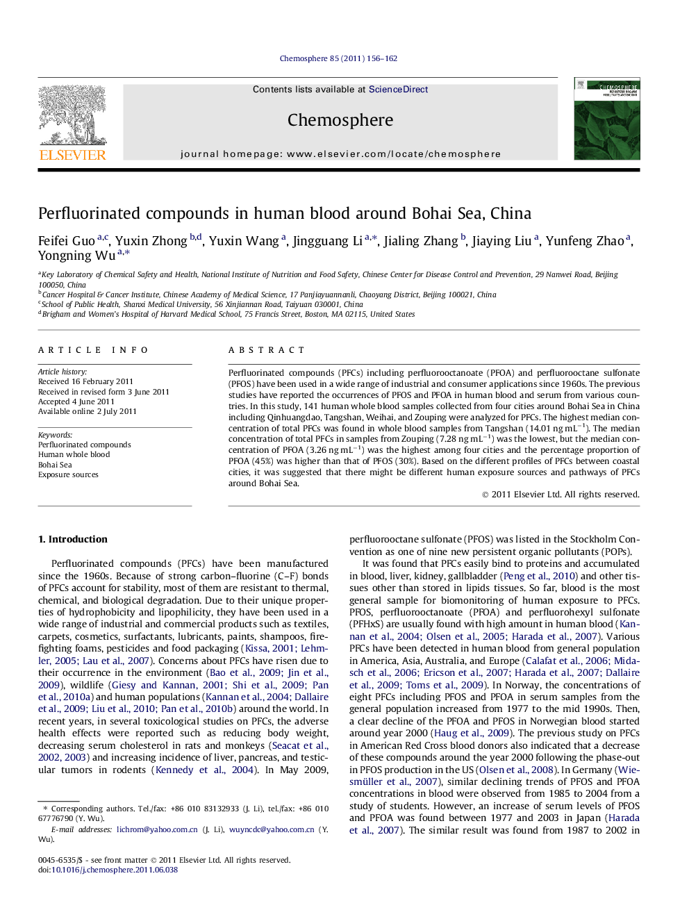 Perfluorinated compounds in human blood around Bohai Sea, China