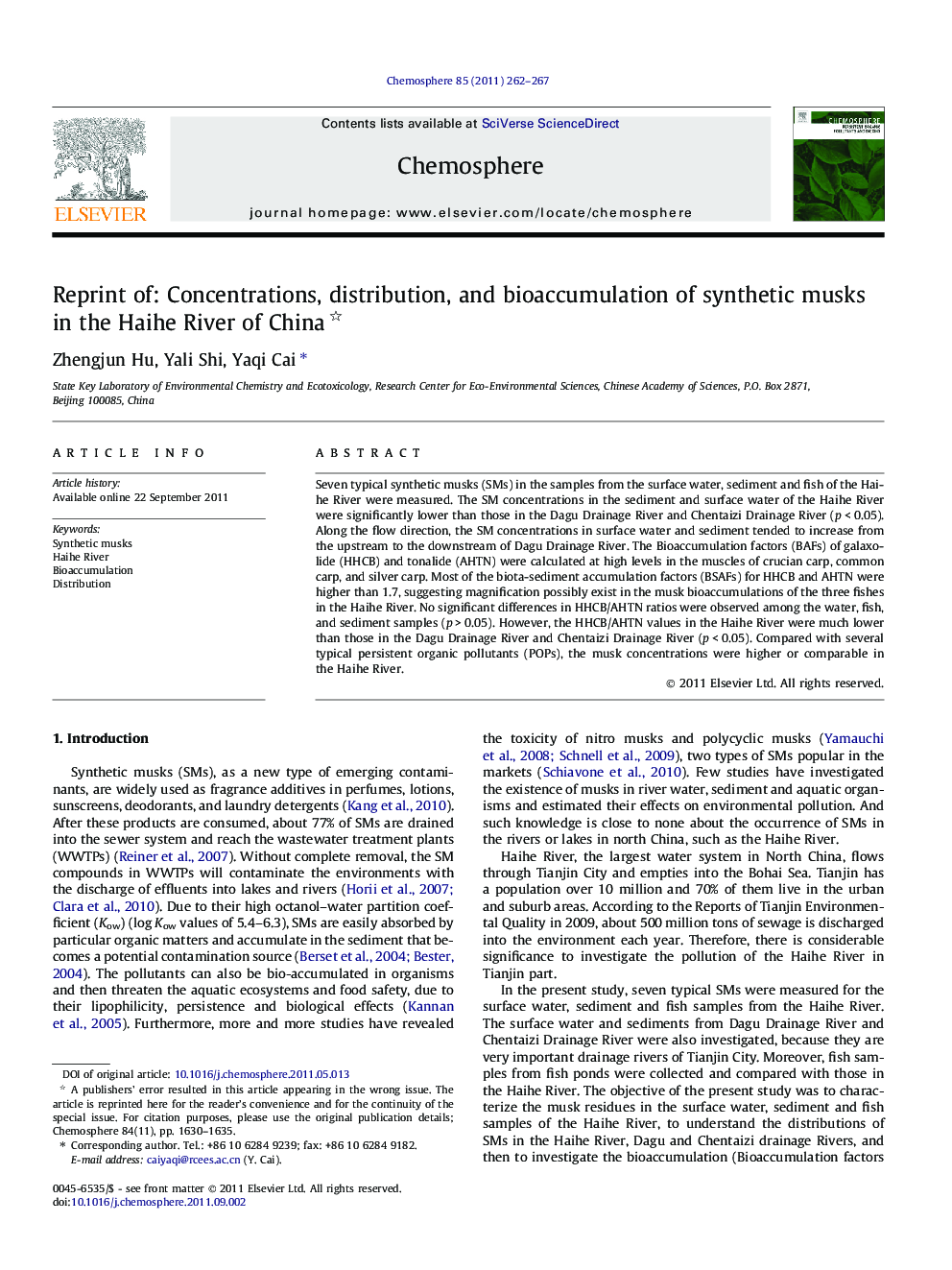 Reprint of: Concentrations, distribution, and bioaccumulation of synthetic musks in the Haihe River of China 