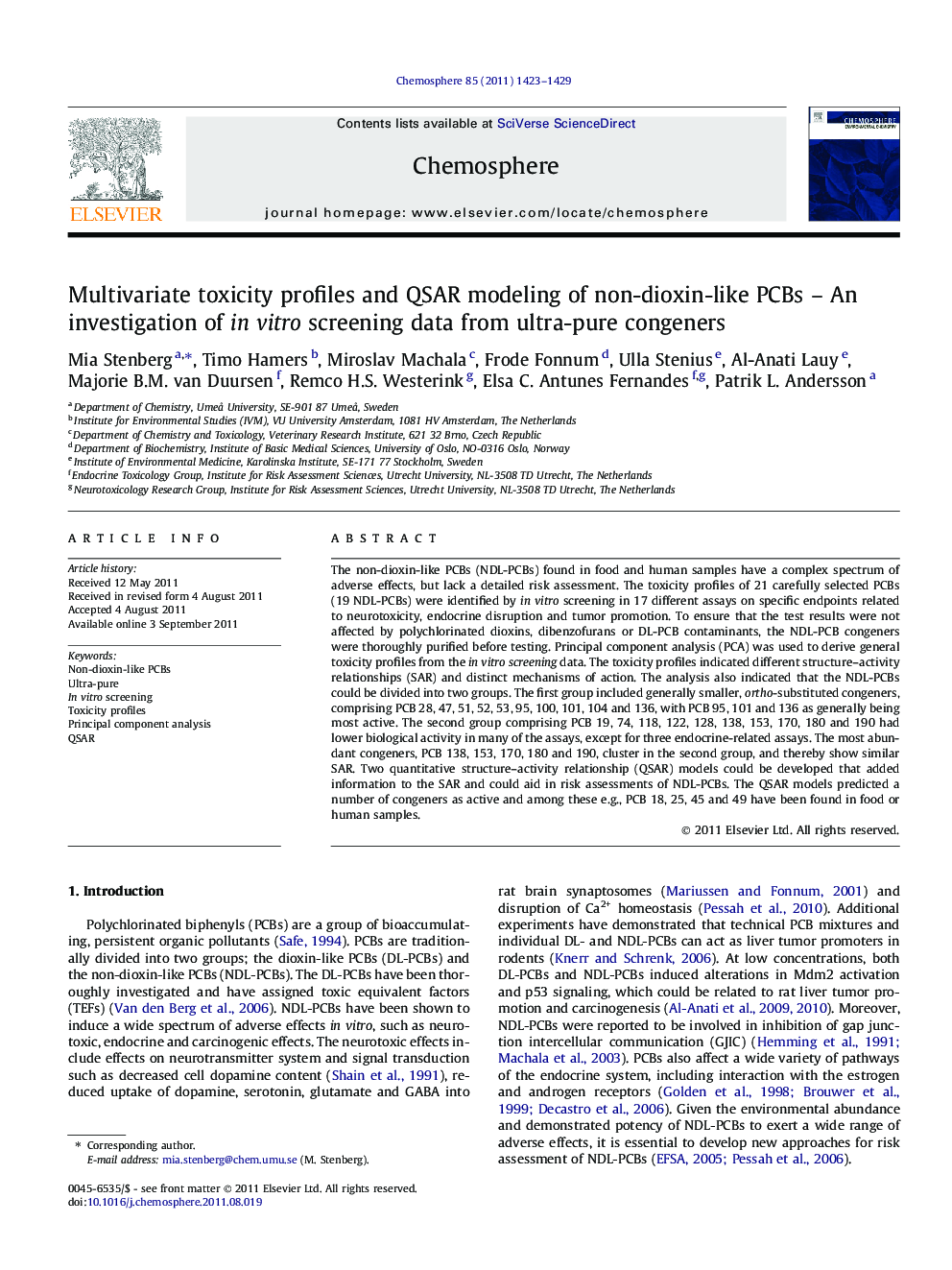 Multivariate toxicity profiles and QSAR modeling of non-dioxin-like PCBs - An investigation of in vitro screening data from ultra-pure congeners