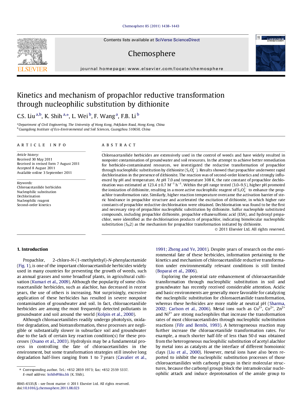 Kinetics and mechanism of propachlor reductive transformation through nucleophilic substitution by dithionite