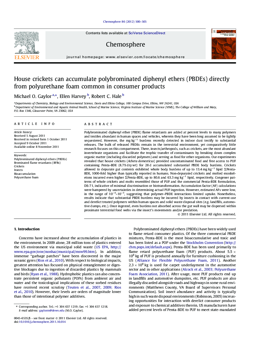 House crickets can accumulate polybrominated diphenyl ethers (PBDEs) directly from polyurethane foam common in consumer products