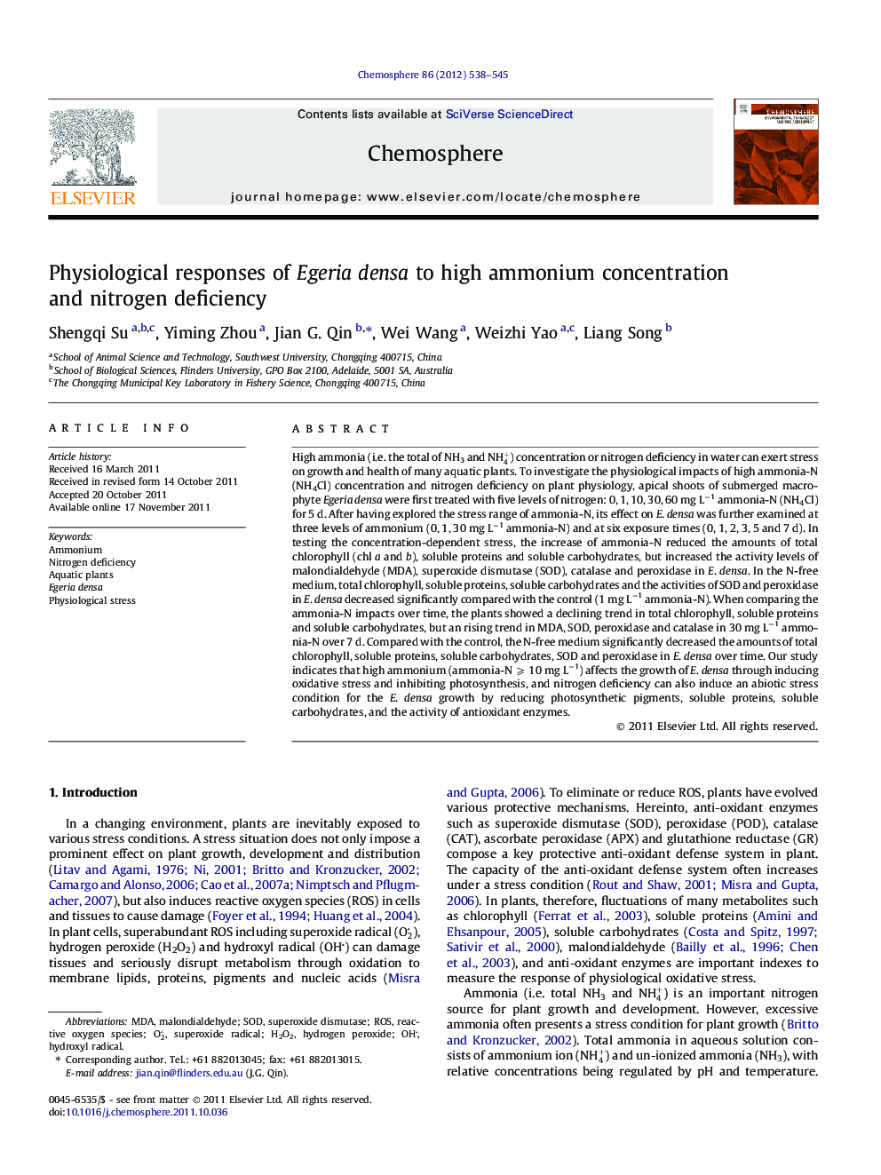 Physiological responses of Egeriadensa to high ammonium concentration and nitrogen deficiency