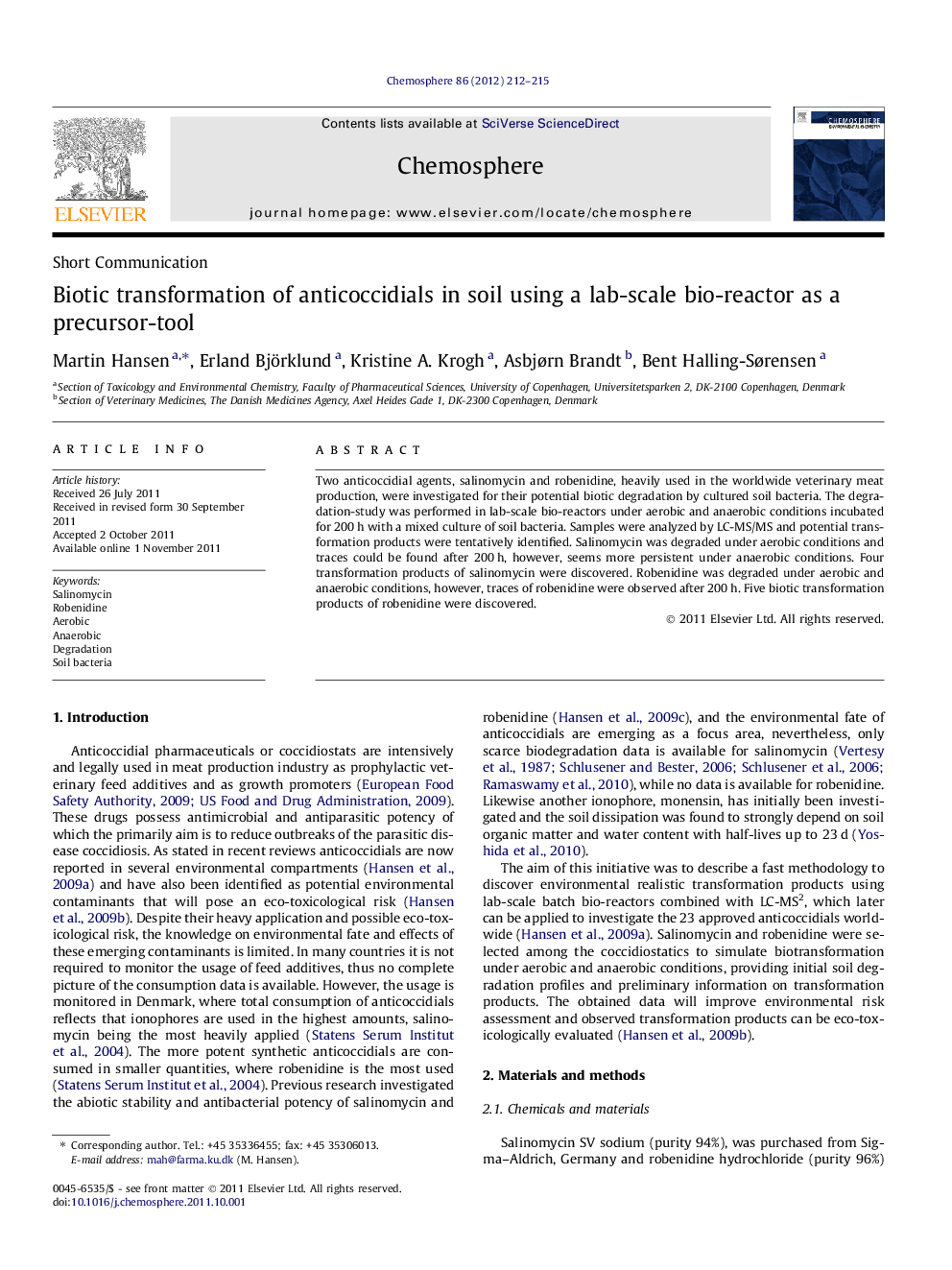 Biotic transformation of anticoccidials in soil using a lab-scale bio-reactor as a precursor-tool