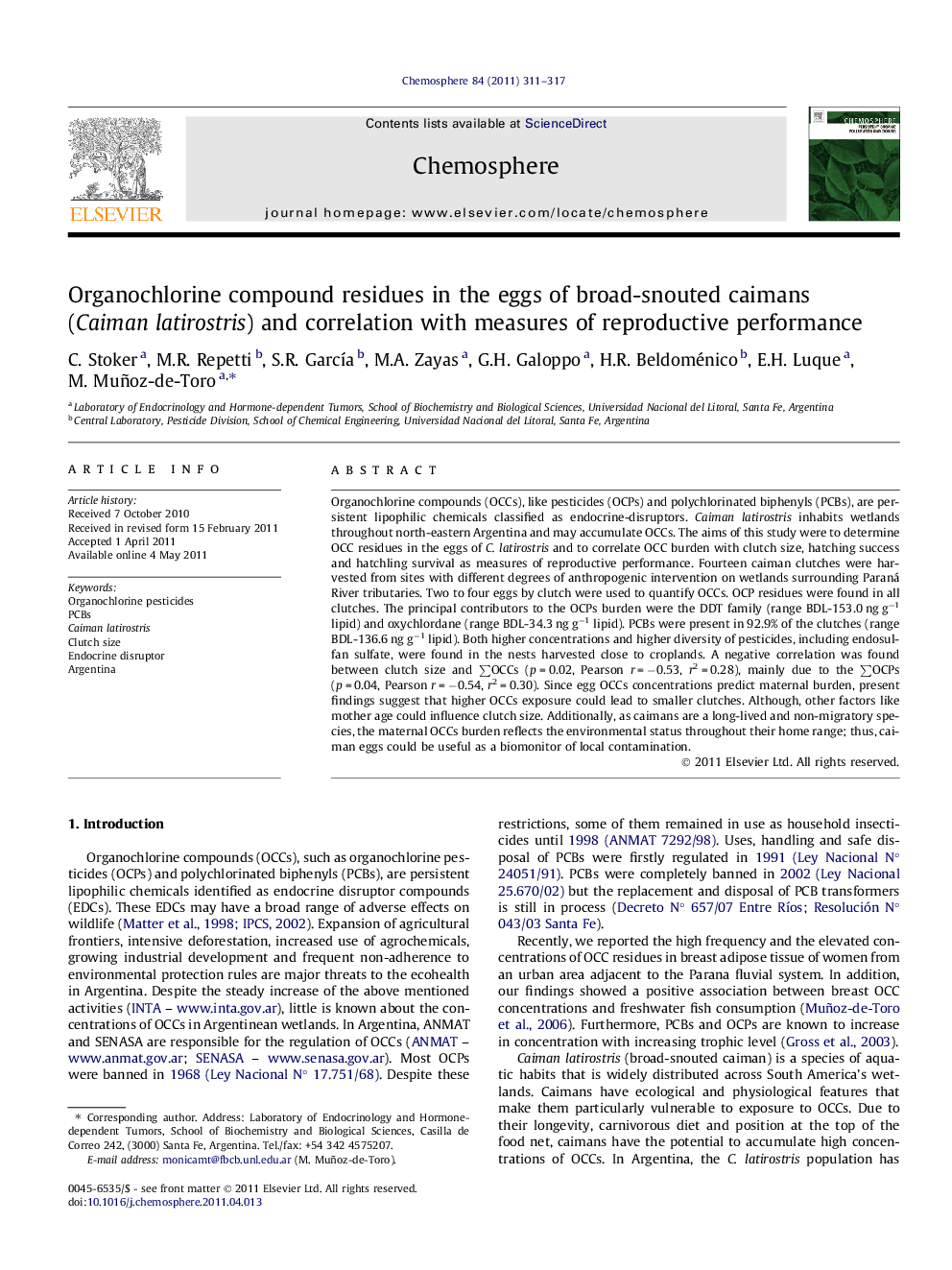 Organochlorine compound residues in the eggs of broad-snouted caimans (Caiman latirostris) and correlation with measures of reproductive performance