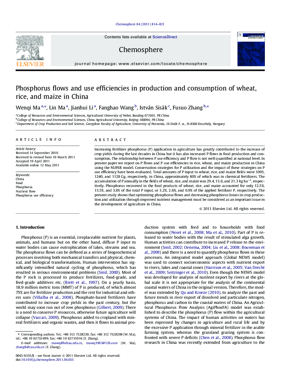 Phosphorus flows and use efficiencies in production and consumption of wheat, rice, and maize in China