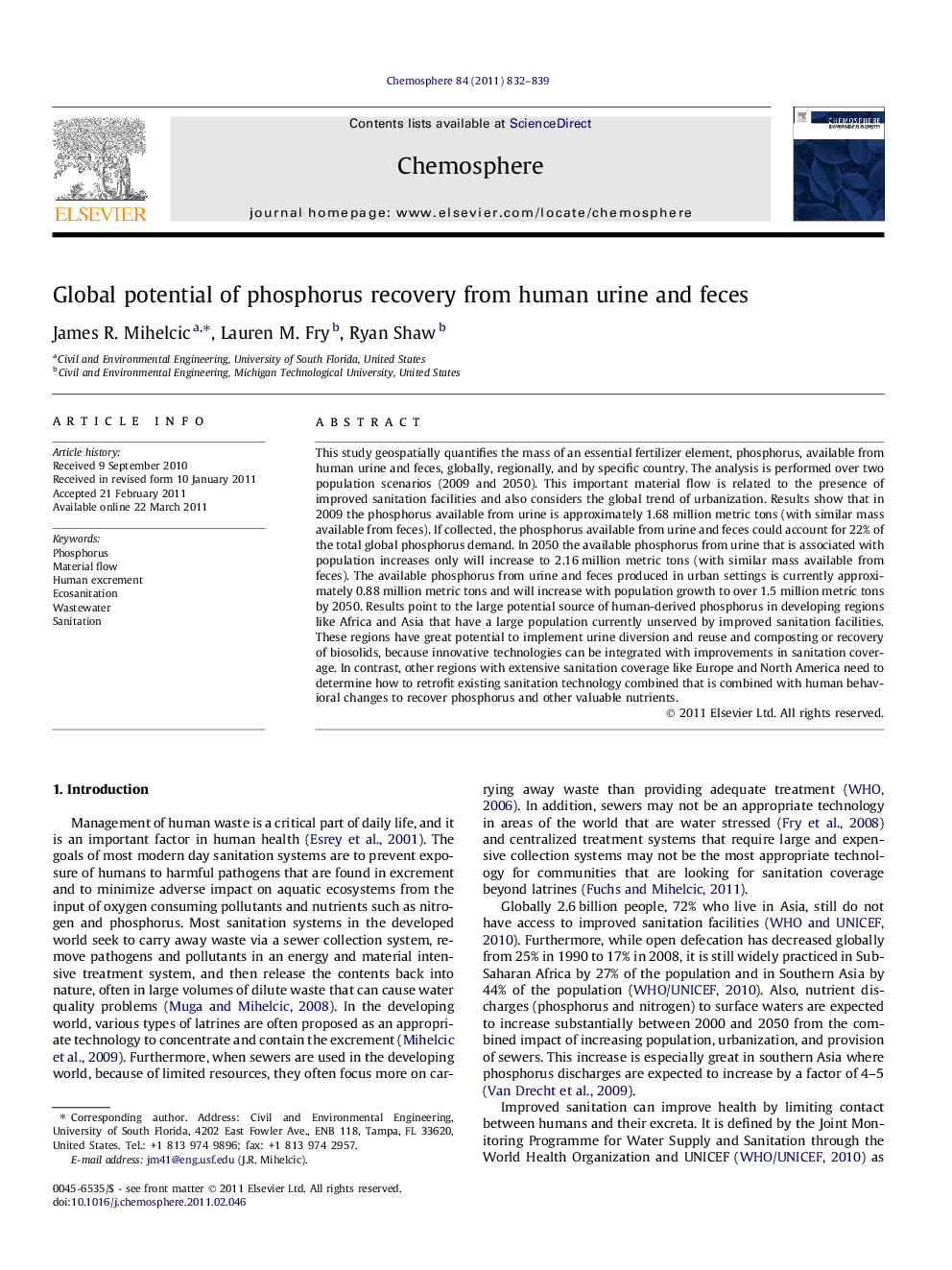 Global potential of phosphorus recovery from human urine and feces