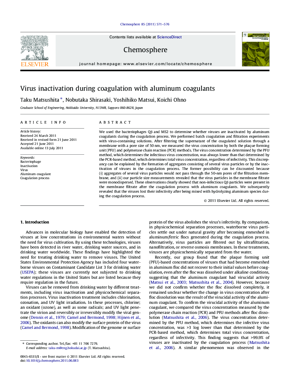 Virus inactivation during coagulation with aluminum coagulants