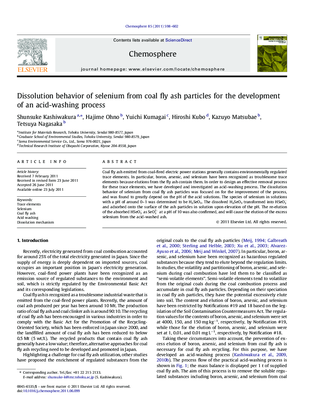 Dissolution behavior of selenium from coal fly ash particles for the development of an acid-washing process